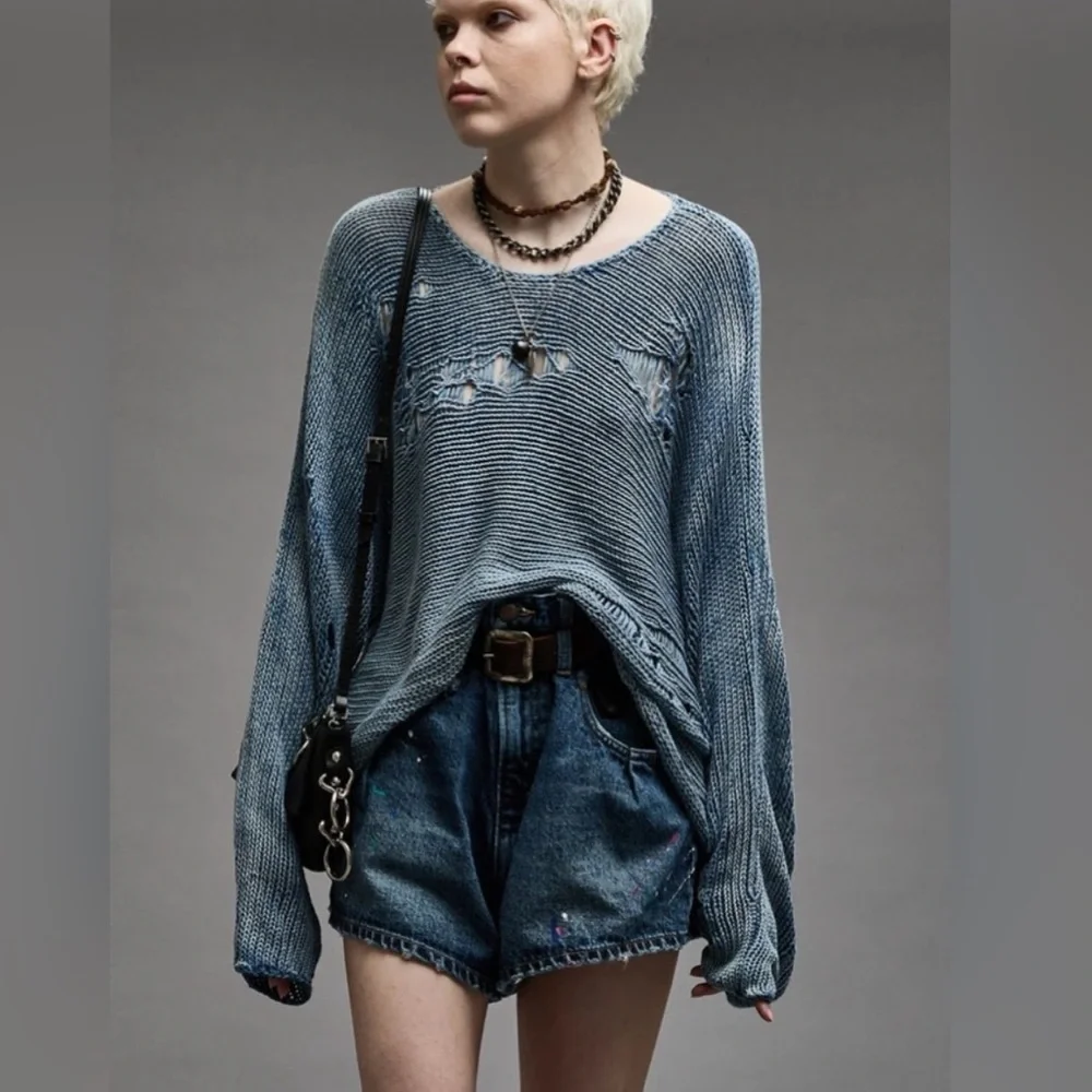 R13 Distressed Boyfriend Crewneck Sweater in Indigo Blue Size XS - Picture 2 of 13
